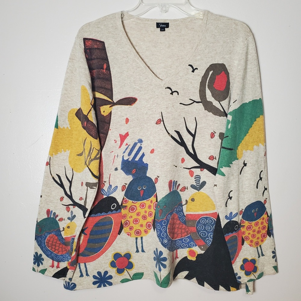 Shana Wool Blend Women's Large V-neck Sweater Art to Wear Whimsical Birds Nature